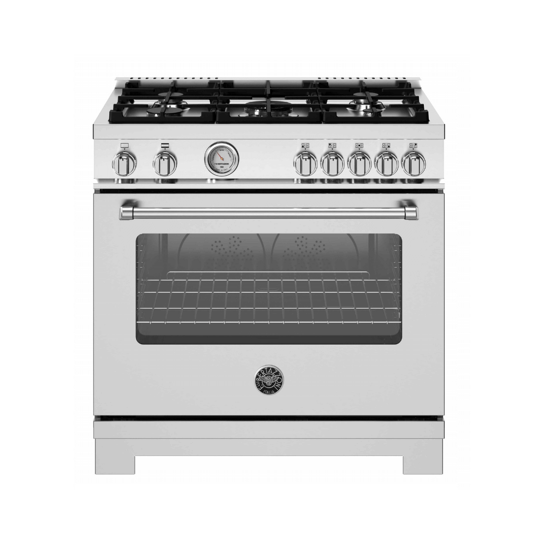 Fogão Bertazzoni Master 5 Bocas em inox, forno a gás, 91 cm, modelo robusto com queimadores de alto desempenho.