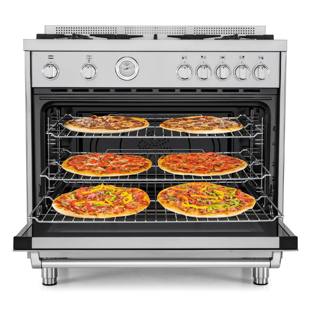 Fogão Bertazzoni Master inox com forno elétrico, pizzas assando em 5 prateleiras, design moderno e eficiente.