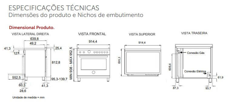 Fogão Bertazzoni Master Inox 90cm 5 Bocas Forno a Gás 169 Litros — desenho técnico com dimensões e nichos de embutir, vista frontal, lateral e superior