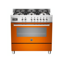 Fogão Bertazzoni Professional Laranja 90cm 6 Bocas Forno Elétrico 108L em inox laranja, fogão de piso 6 bocas com grelhas em ferro e painel cromado