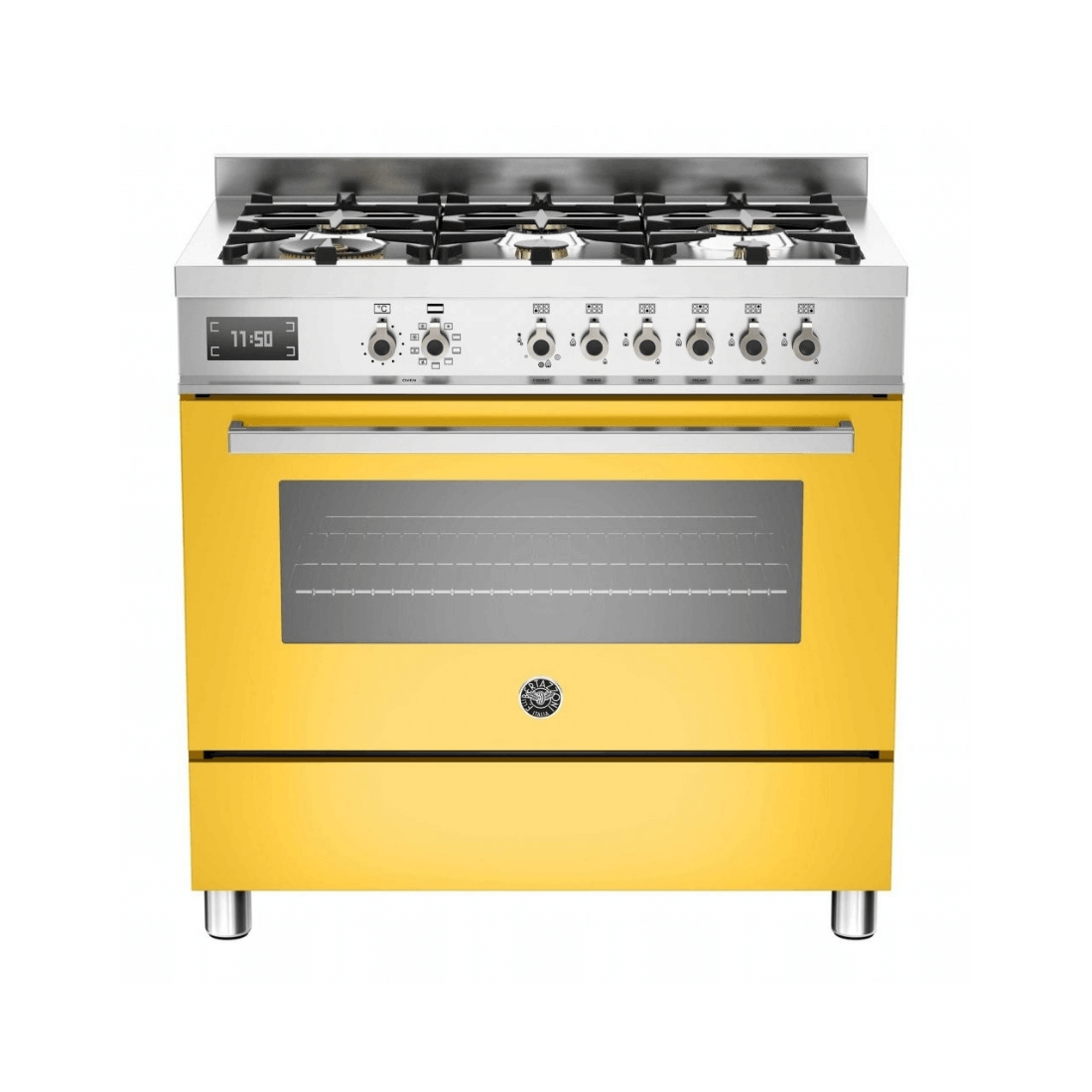 Fogão Bertazzoni Professional Amarelo 90cm 6 Bocas Forno Elétrico 108L em piso, inox escovado e frontal amarelo com 6 queimadores, grelhas ferro fundido e painel cromado
