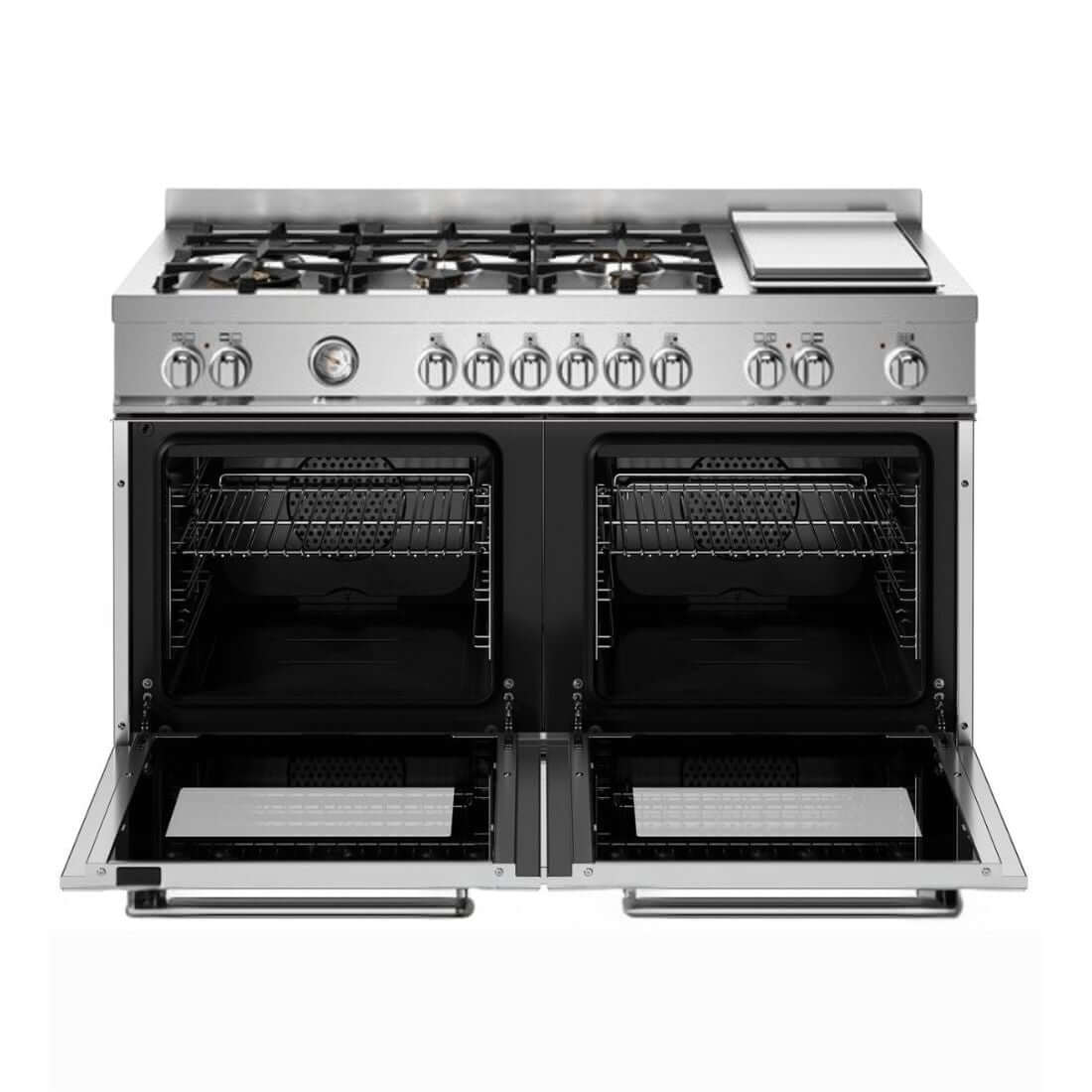 Fogão Bertazzoni Master Inox 120cm 6 Bocas Forno Elétrico Duplo 138L, inox, 6 bocas, forno duplo elétrico aberto, grelhas e trempes em ferro