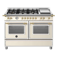 Fogão Bertazzoni Heritage Marfim 120cm 6 Bocas Forno Elétrico 138L: fogão de piso italiano creme 6 bocas com forno elétrico duplo, grelhas ferro fundido e puxadores dourados