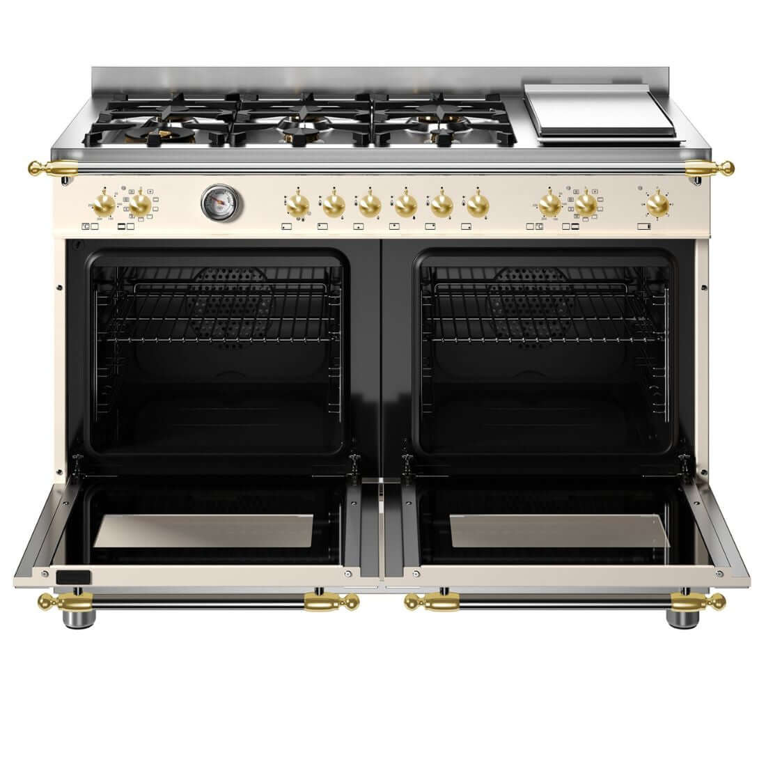 Fogão Bertazzoni Heritage Marfim 120cm 6 Bocas Forno Elétrico 138L - fogão de piso creme com 6 bocas, forno elétrico duplo, grelhas ferro fundido e puxadores dourados