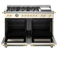 Fogão Bertazzoni Heritage Marfim 120cm 6 Bocas Forno Elétrico 138L - fogão de piso creme com 6 bocas, forno elétrico duplo, grelhas ferro fundido e puxadores dourados