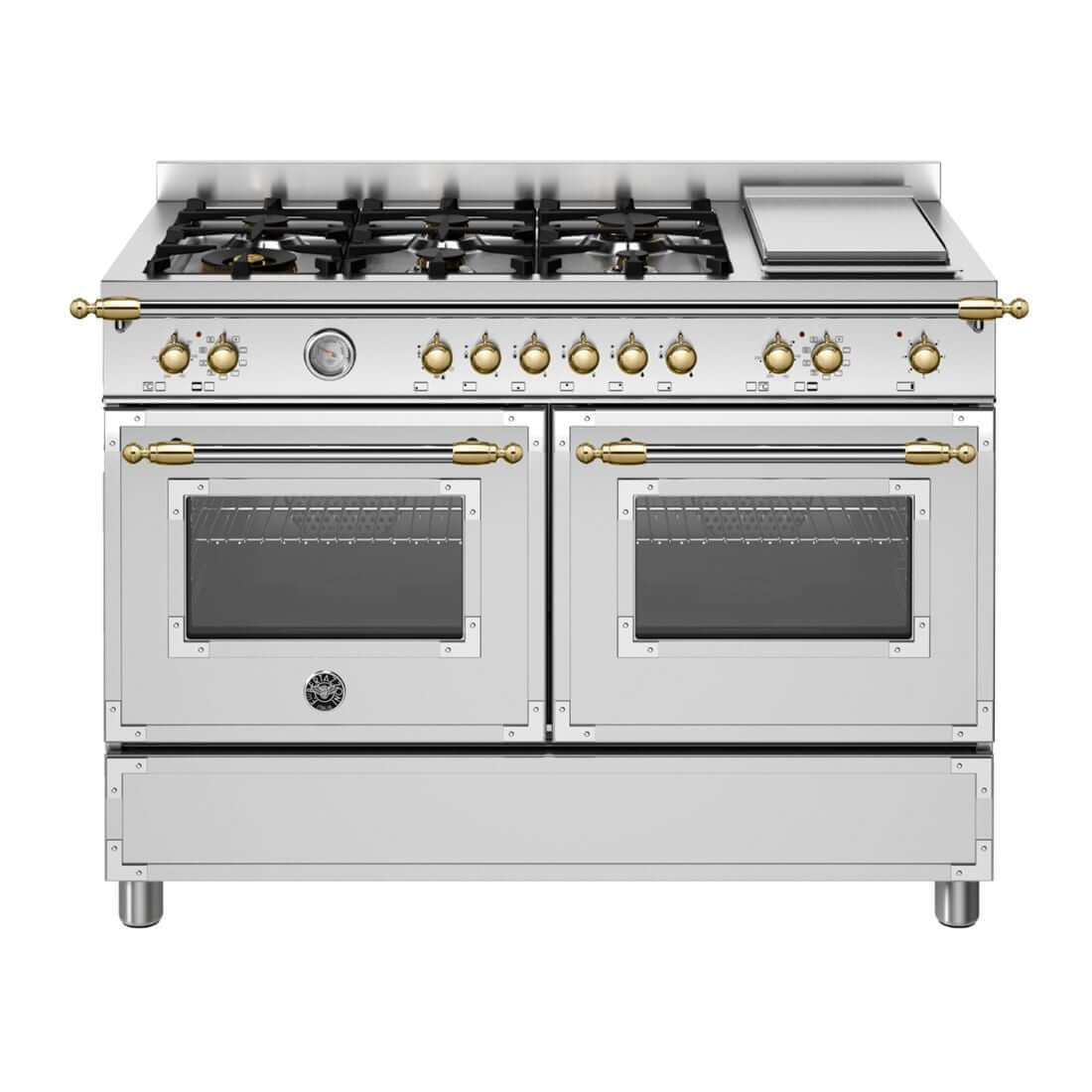 Fogão Bertazzoni Heritage Inox 120cm 6 Bocas Forno Elétrico 138L - fogão de piso inox branco 6 bocas com forno elétrico duplo, puxadores dourados e estilo italiano