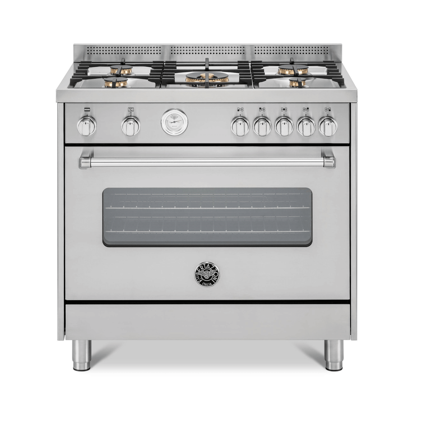 Fogão Bertazzoni Master Inox 90cm 5 Bocas Forno Elétrico 142 Litros - fogão de piso inox escovado 5 bocas com forno elétrico, trempes em ferro e painel cromado