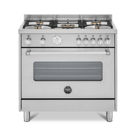 Fogão Bertazzoni Master Inox 90cm 5 Bocas Forno Elétrico 142 Litros - fogão de piso inox escovado 5 bocas com forno elétrico, trempes em ferro e painel cromado