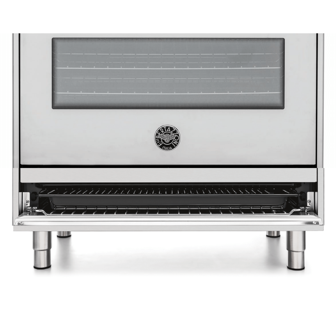 Fogão Bertazzoni Master Inox 90cm 5 Bocas Forno a Gás 142 Litros - fogão de piso inox escovado com forno a gás ventilado, grelha e puxadores cromados