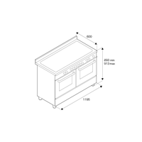 Fogão Bertazzoni Professional Amarelo 120cm 6 Bocas Forno Duplo 138L desenho técnico do fogão de piso inox escovado com 6 botões, 2 fornos e dimensões