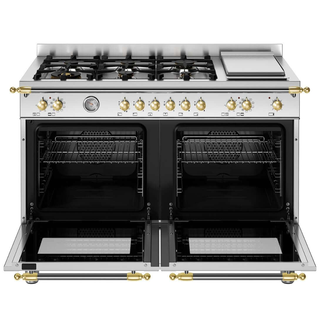 Fogão Bertazzoni Heritage Inox 120cm 6 Bocas Forno Elétrico 138L - fogão de piso inox 6 bocas com forno elétrico duplo, grelhas ferro fundido e puxadores dourados