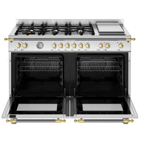 Fogão Bertazzoni Heritage Inox 120cm 6 Bocas Forno Elétrico 138L - fogão de piso inox 6 bocas com forno elétrico duplo, grelhas ferro fundido e puxadores dourados