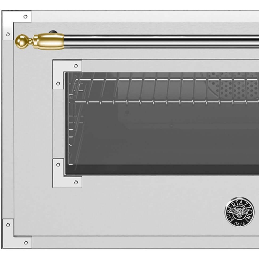 Fogão Bertazzoni Heritage Inox 90cm 6 Bocas Forno Elétrico 103L - fogão de piso inox creme com puxador dourado, vidro do forno e grelhas internas