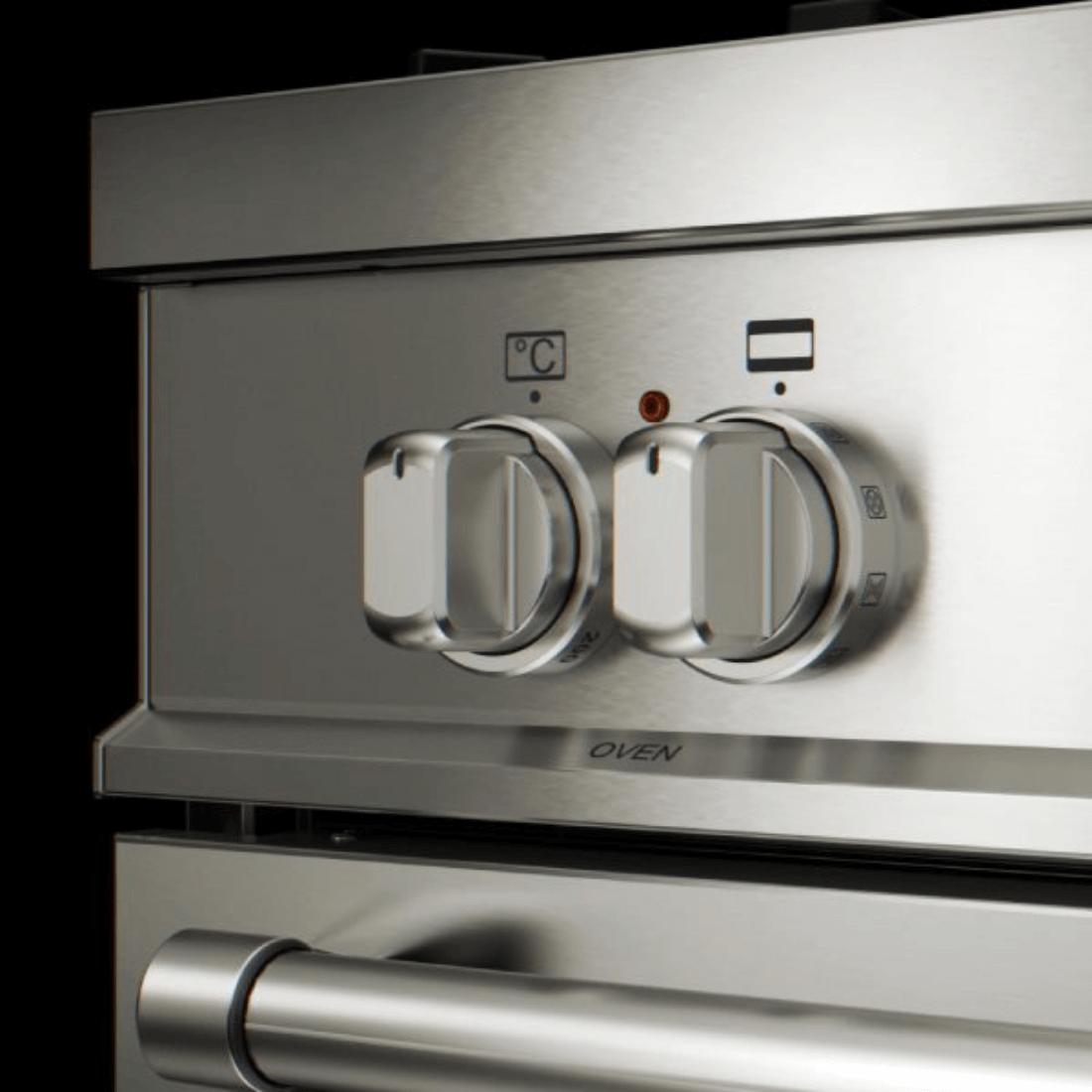 Fogão Bertazzoni Master Inox 90cm 5 Bocas Forno a Gás 169 Litros - detalhe de painel inox com botões cromados, puxador tubular e acabamento escovado