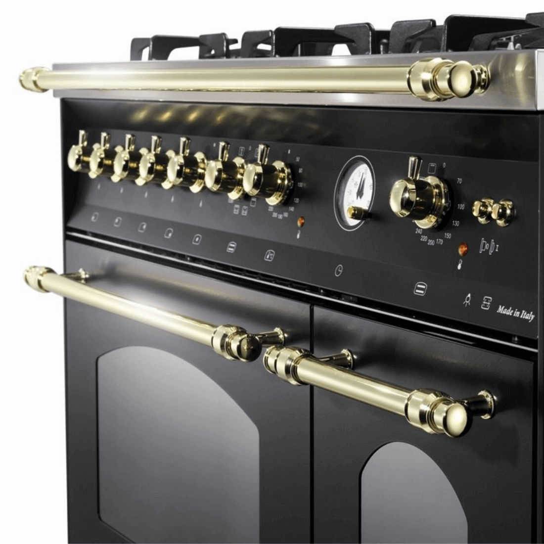 Fogão Lofra Dolcevita Preto 90cm 5 Bocas Forno Duplo Elétrico 106L, fogão de piso preto fosco com puxadores e botões dourados, painel analógico