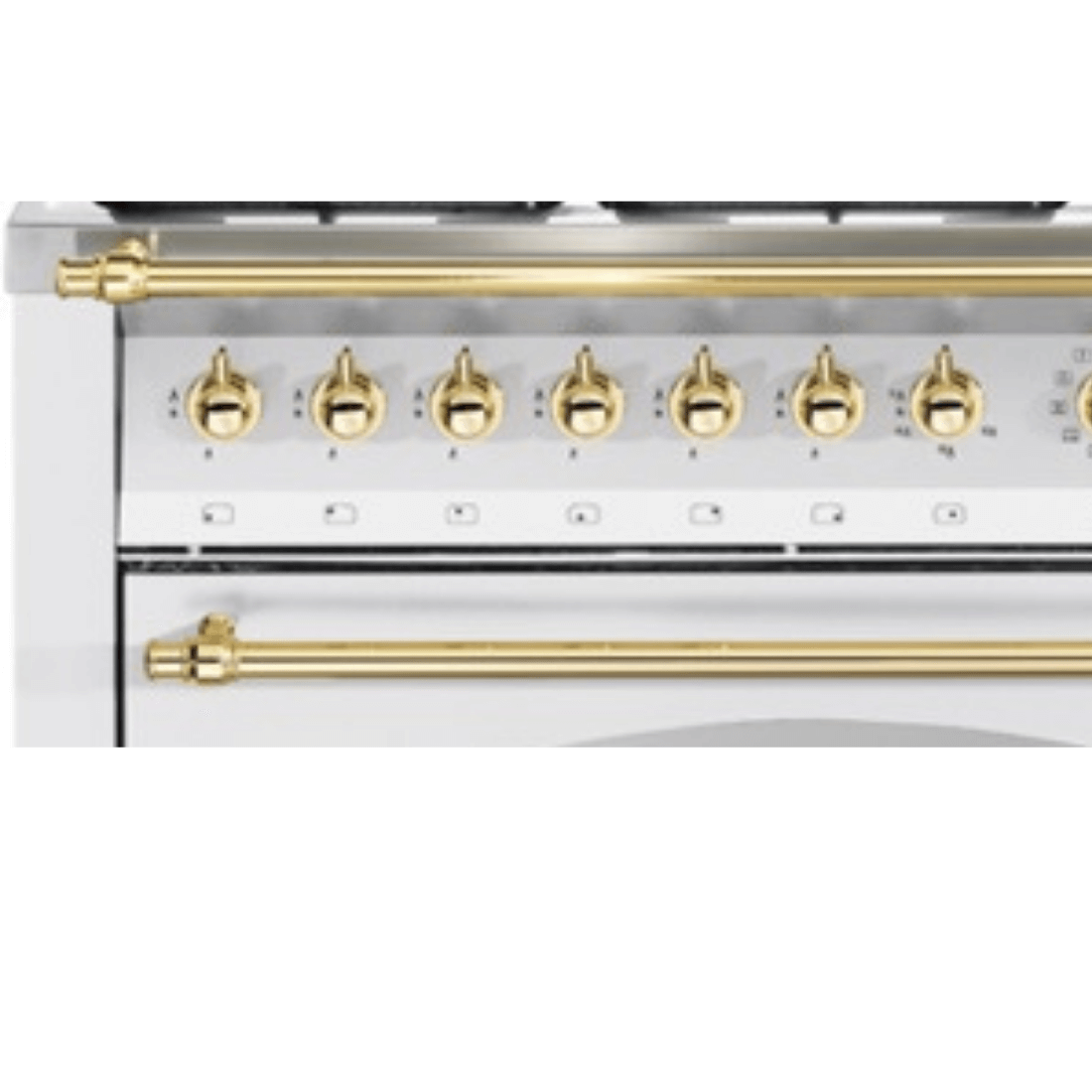 Alt Tag: Fogão Lofra Dolcevita Branco 120cm 7 Bocas Forno Elétrico Duplo 124L - frentes branca com puxadores e botões dourados, painel de controle e design profissional