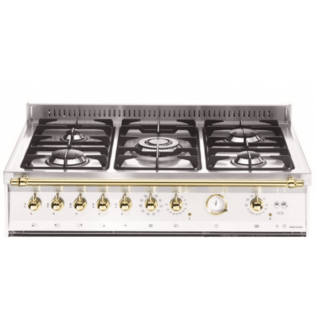 Alt Tag: Fogão Lofra Dolcevita Branco 90cm 5 Bocas Forno Duplo Elétrico 106L - fogão de piso branco com 5 bocas, grelhas ferro fundido, botões e puxador dourados, forno duplo elétrico