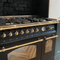 Fogão Lofra Dolcevita Preto 90cm 5 Bocas Forno Duplo Elétrico 106L fogão de piso preto fosco com botoeiras e puxadores dourados e grelhas profissionais