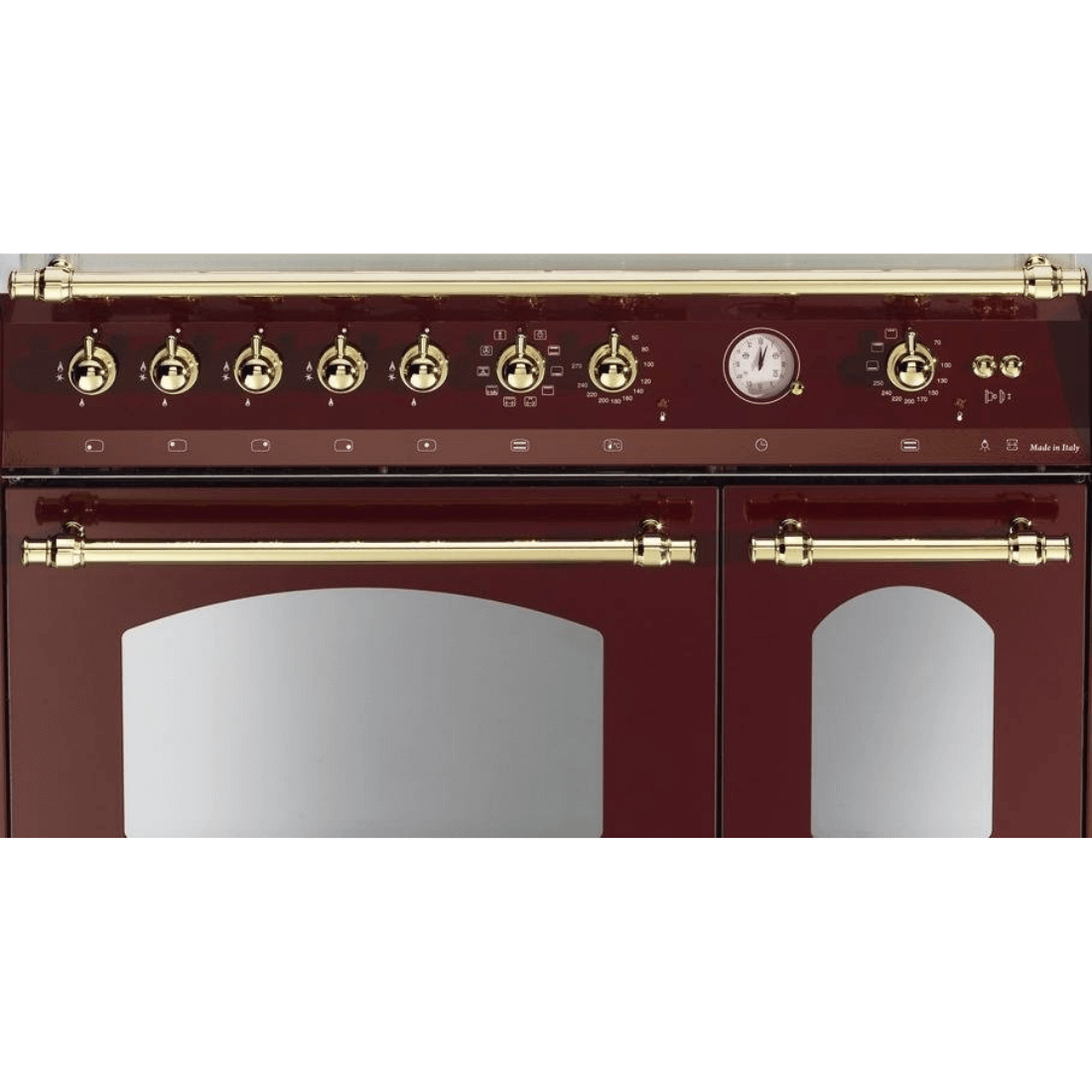 Fogão Lofra Dolcevita Vinho 90cm 5 Bocas Forno Duplo Elétrico 106L — fogão de piso vinho com puxadores dourados, painel com botões e termômetro analógico