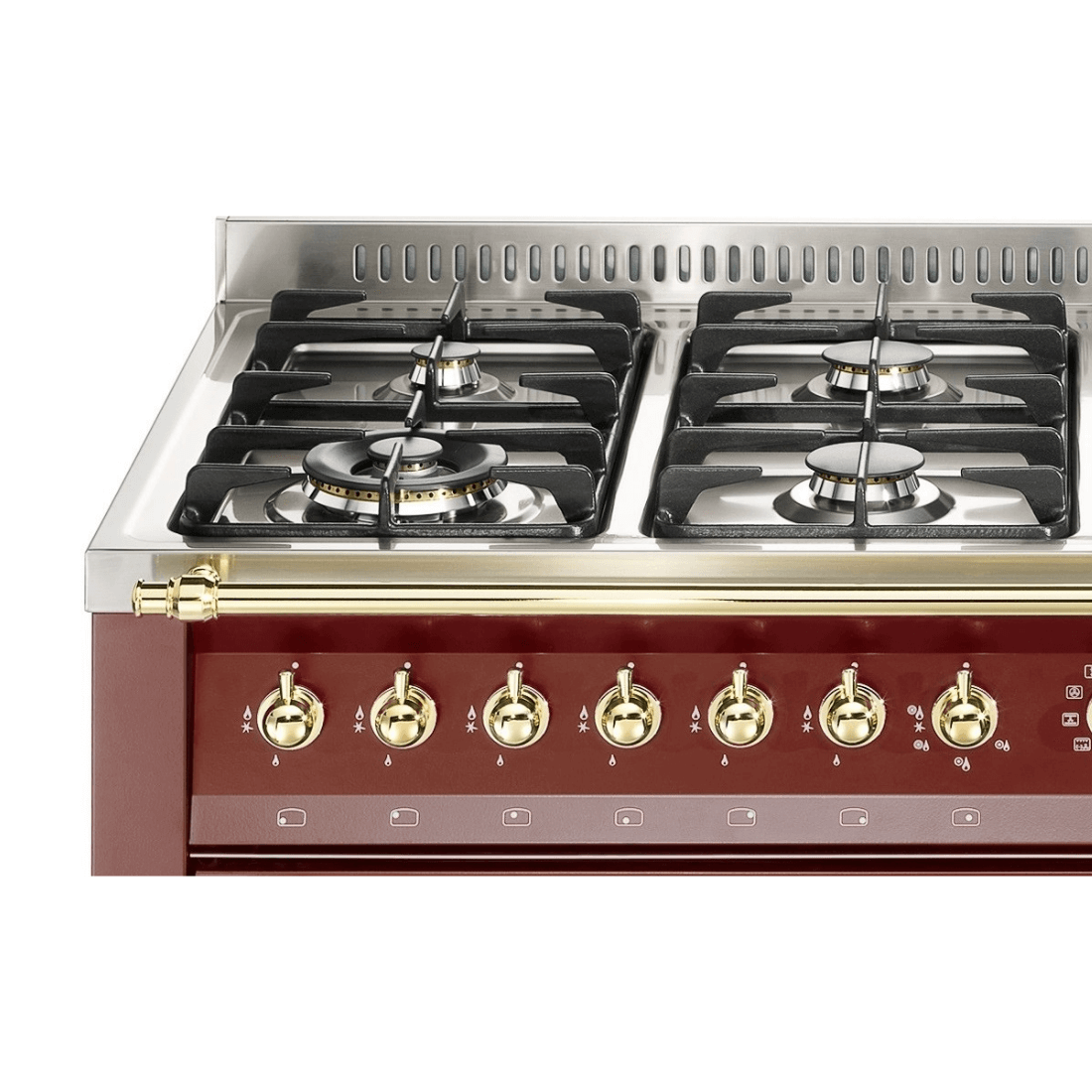 Fogão Lofra Dolcevita Vinho 120cm 7 Bocas Forno Elétrico Duplo 124L: fogão de piso vinho com acabamento inox, grelhas ferro fundido, 7 bocas e puxadores dourados