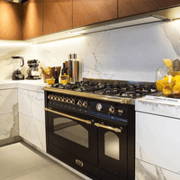 Fogão Lofra Dolcevita Preto 120cm 7 Bocas Forno Elétrico Duplo 124L — fogão de piso preto com acabamento elegante, grelhas em ferro, puxadores dourados