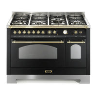 Fogão Lofra Dolcevita Preto 120cm 7 Bocas Forno Elétrico Duplo 124L: fogão de piso preto premium com 7 bocas, grelhas ferro fundido, forno elétrico duplo, puxadores dourados