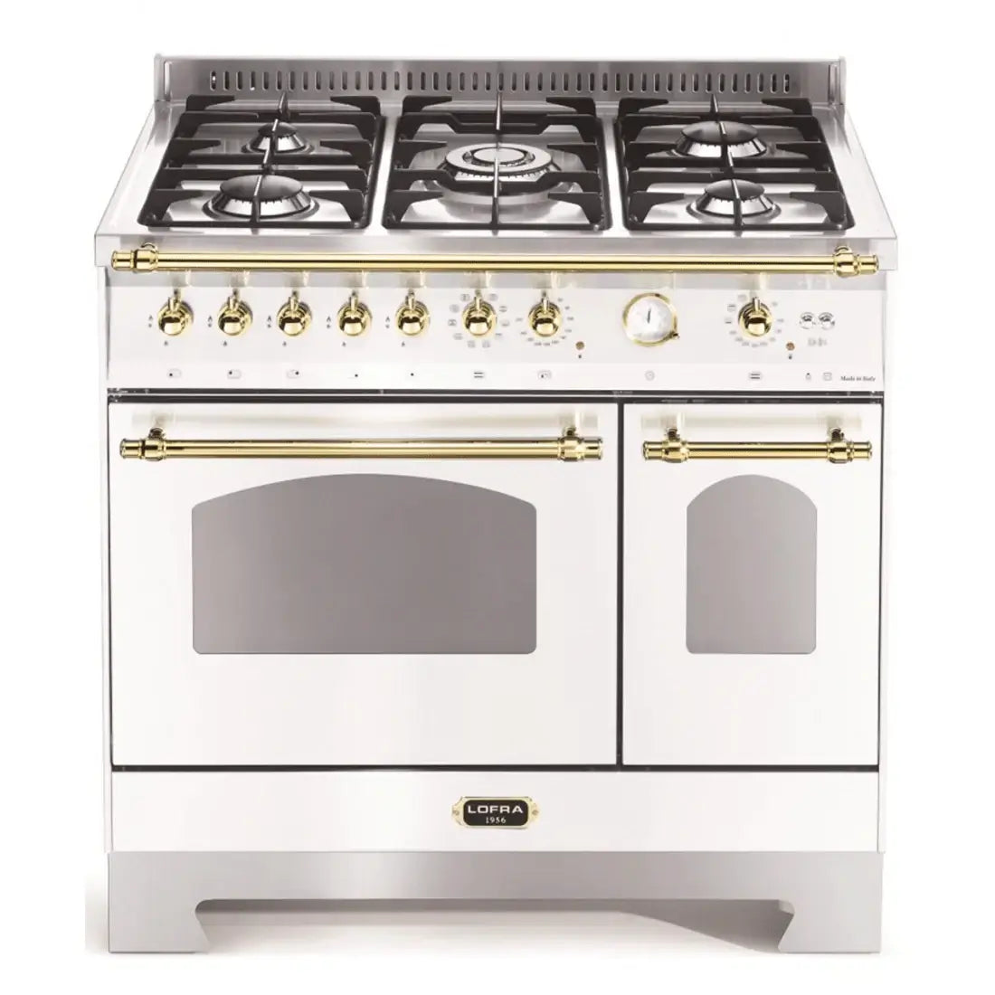 Fogão Lofra Dolcevita Branco 90cm 5 Bocas Forno Duplo Elétrico 106L em branco, fogão de piso com grelhas ferro fundido, puxadores dourados e painel clássico