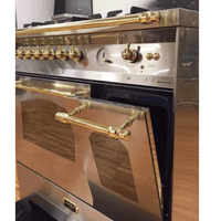 Fogão Lofra Dolcevita Inox 120cm 7 Bocas Forno Elétrico Duplo 124L: fogão de piso inox escovado 7 bocas com puxadores dourados, forno elétrico duplo e painel profissional