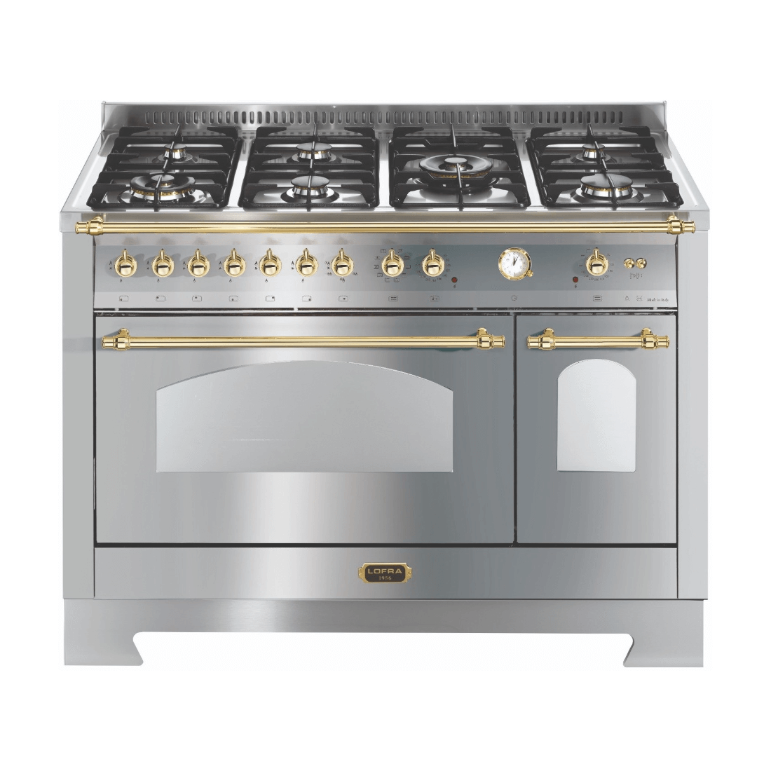 Fogão Lofra Dolcevita Inox 120cm 7 Bocas Forno Elétrico Duplo 124L - fogão de piso inox escovado 7 bocas, forno elétrico duplo, grelhas e puxadores dourados
