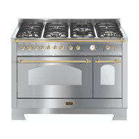 Fogão Lofra Dolcevita Inox 120cm 7 Bocas Forno Elétrico Duplo 124L - fogão de piso inox escovado 7 bocas, forno elétrico duplo, grelhas e puxadores dourados