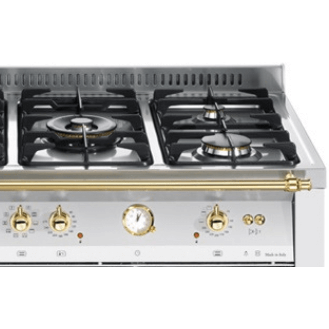 Fogão Lofra Dolcevita Branco 120cm 7 Bocas Forno Elétrico Duplo 124L de piso, branco com puxador dourado, 7 queimadores Sabaf e grelhas ferro fundido