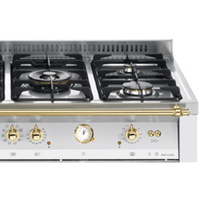 Fogão Lofra Dolcevita Branco 120cm 7 Bocas Forno Elétrico Duplo 124L de piso, branco com puxador dourado, 7 queimadores Sabaf e grelhas ferro fundido