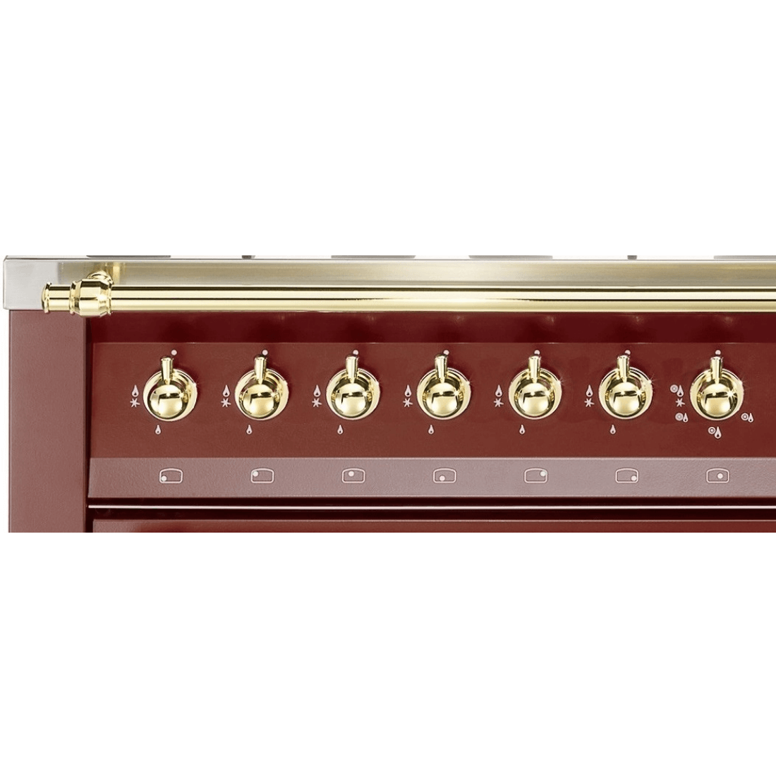 Fogão Lofra Dolcevita Vinho 120cm 7 Bocas Forno Elétrico Duplo 124L: painel frontal vinho com botões dourados, puxador e acabamento inox, fogão de piso