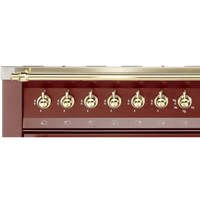 Fogão Lofra Dolcevita Vinho 120cm 7 Bocas Forno Elétrico Duplo 124L: painel frontal vinho com botões dourados, puxador e acabamento inox, fogão de piso