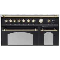 Fogão Lofra Dolcevita Preto 90cm 5 Bocas Forno Duplo Elétrico 106L: fogão de piso preto fosco com 5 botões dourados, puxadores e grelhas visíveis