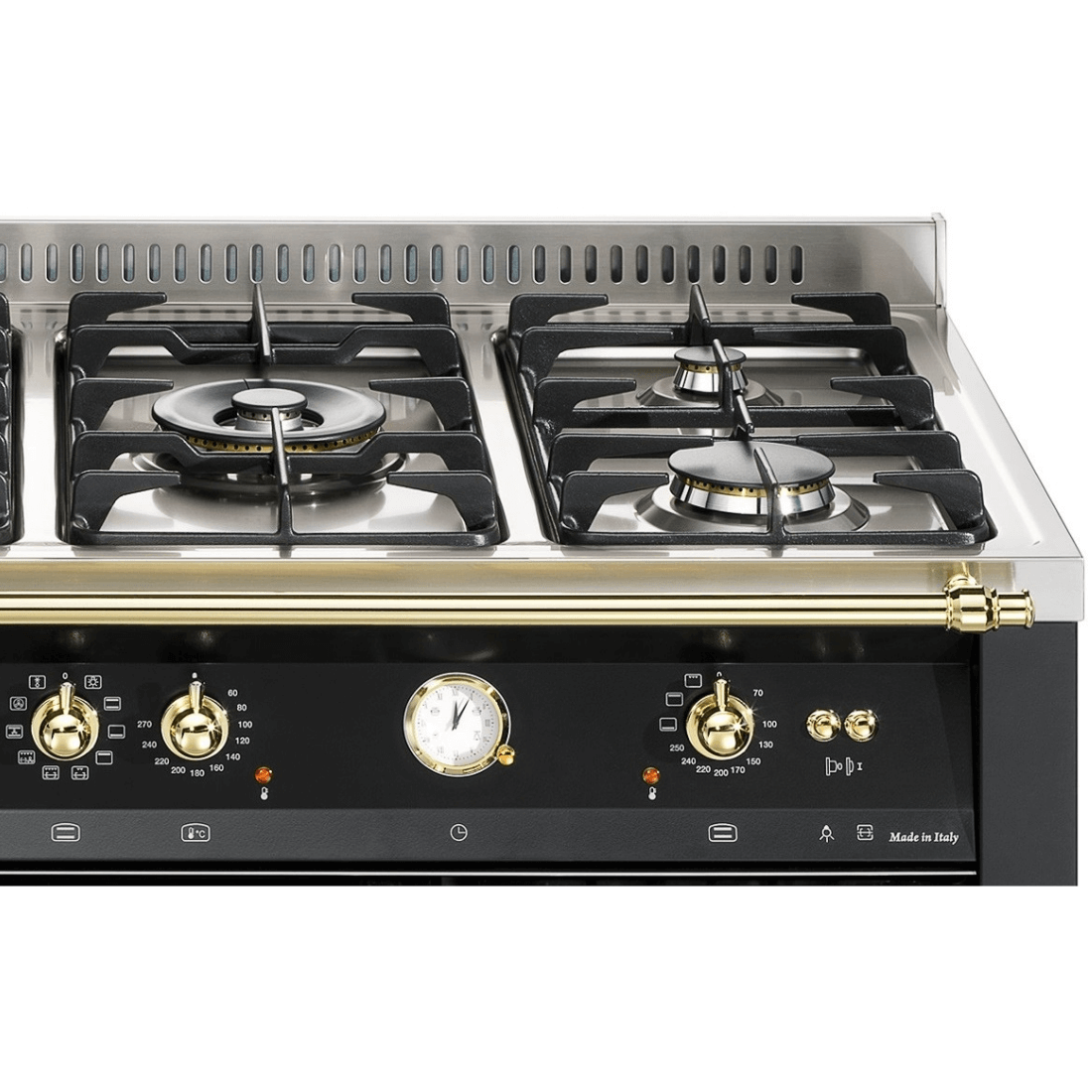 Fogão Lofra Dolcevita Preto 120cm 7 Bocas Forno Elétrico Duplo 124L em piso, acabamento preto e inox, 7 queimadores profissionais, grelhas e puxadores dourados