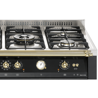 Fogão Lofra Dolcevita Preto 120cm 7 Bocas Forno Elétrico Duplo 124L em piso, acabamento preto e inox, 7 queimadores profissionais, grelhas e puxadores dourados