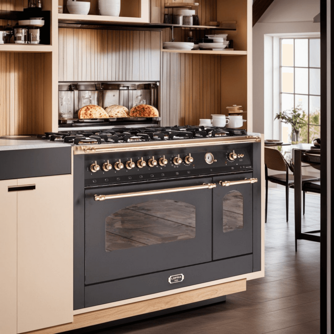 Fogão Lofra Dolcevita Preto 120cm 7 Bocas Forno Elétrico Duplo 124L em preto de piso com grelhas e puxadores dourados, forno duplo e painel clássico