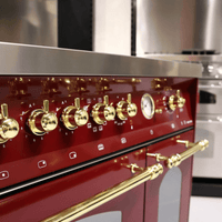 Fogão Lofra Dolcevita Vinho 120cm 7 Bocas Forno Elétrico Duplo 124L: fogão de piso vinho com acabamento inox, puxadores dourados e botões profissionais