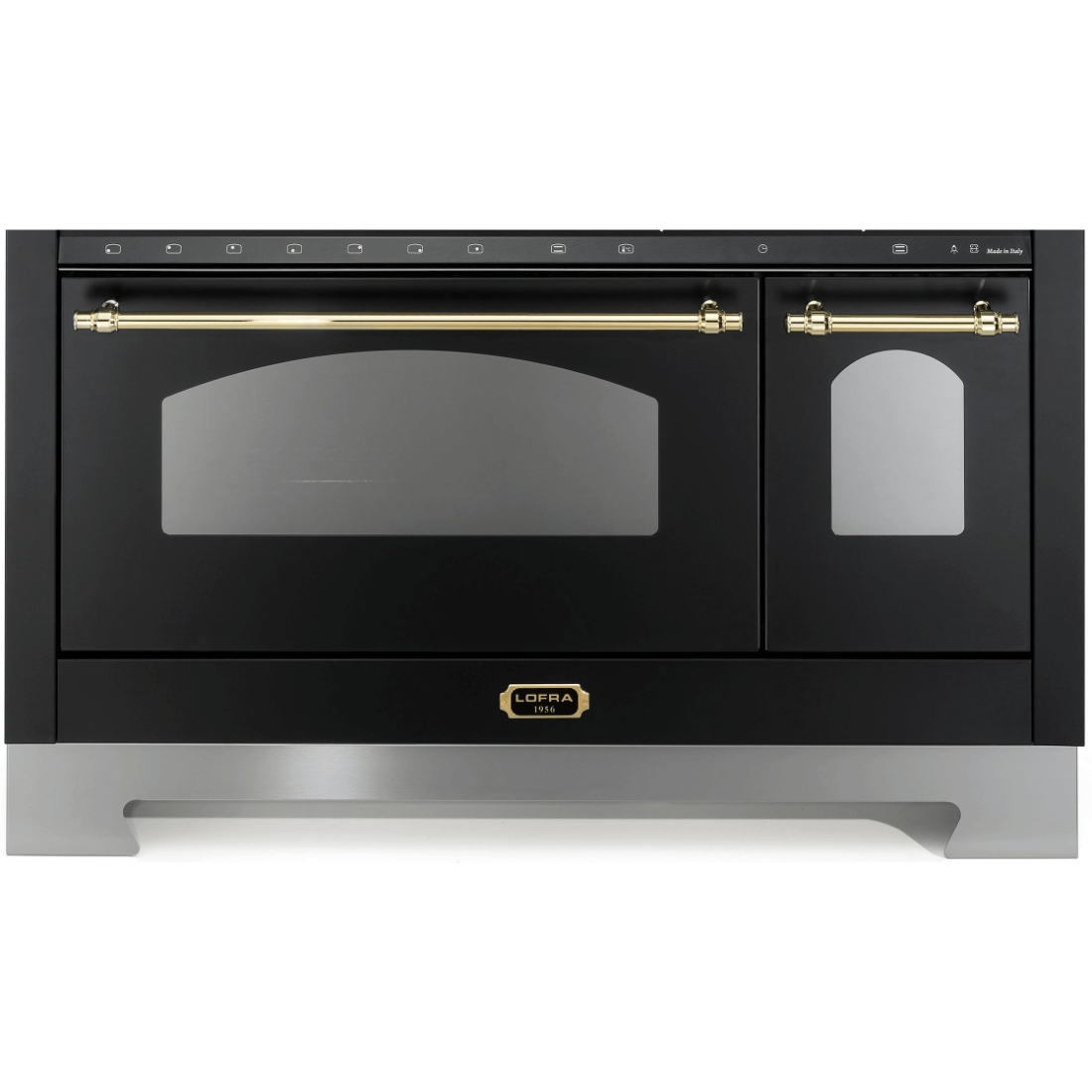 Fogão Lofra Dolcevita Preto 120cm 7 Bocas Forno Elétrico Duplo 124L — fogão de piso preto com puxadores dourados, vidro nos fornos e painel superior