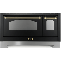 Fogão Lofra Dolcevita Preto 120cm 7 Bocas Forno Elétrico Duplo 124L — fogão de piso preto com puxadores dourados, vidro nos fornos e painel superior