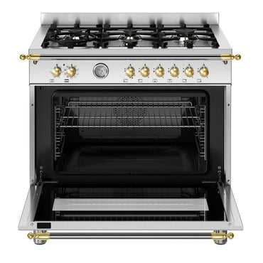 Fogão Bertazzoni Heritage Inox 90cm 6 Bocas Forno Elétrico 103L - fogão de piso inox com 6 bocas, grelhas ferro fundido, forno elétrico aberto e puxadores dourados