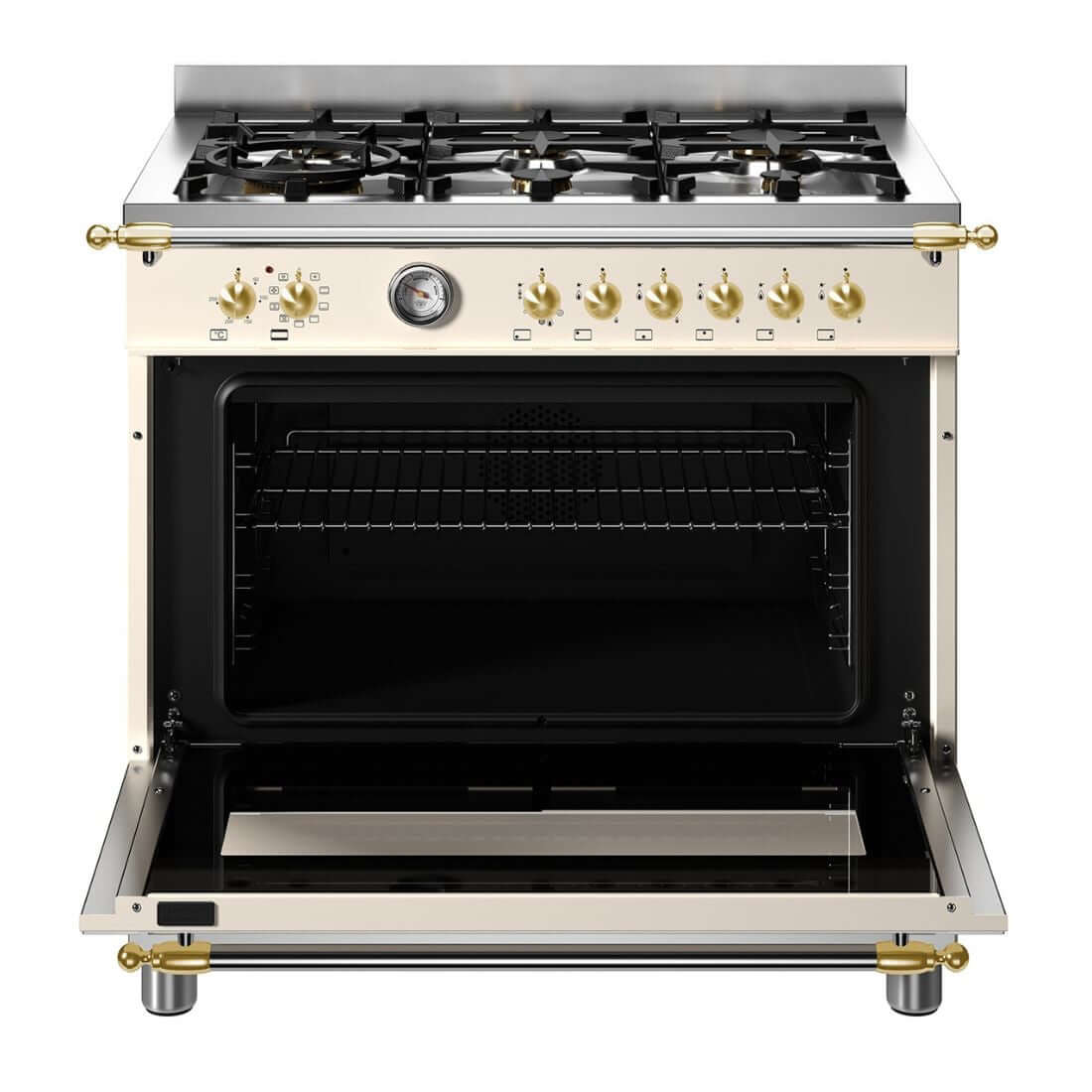 Fogão Bertazzoni Heritage Marfim 90cm 6 Bocas Forno Elétrico 103L: fogão de piso marfim com 6 bocas, forno elétrico aberto, grelhas ferro fundido e puxadores dourados