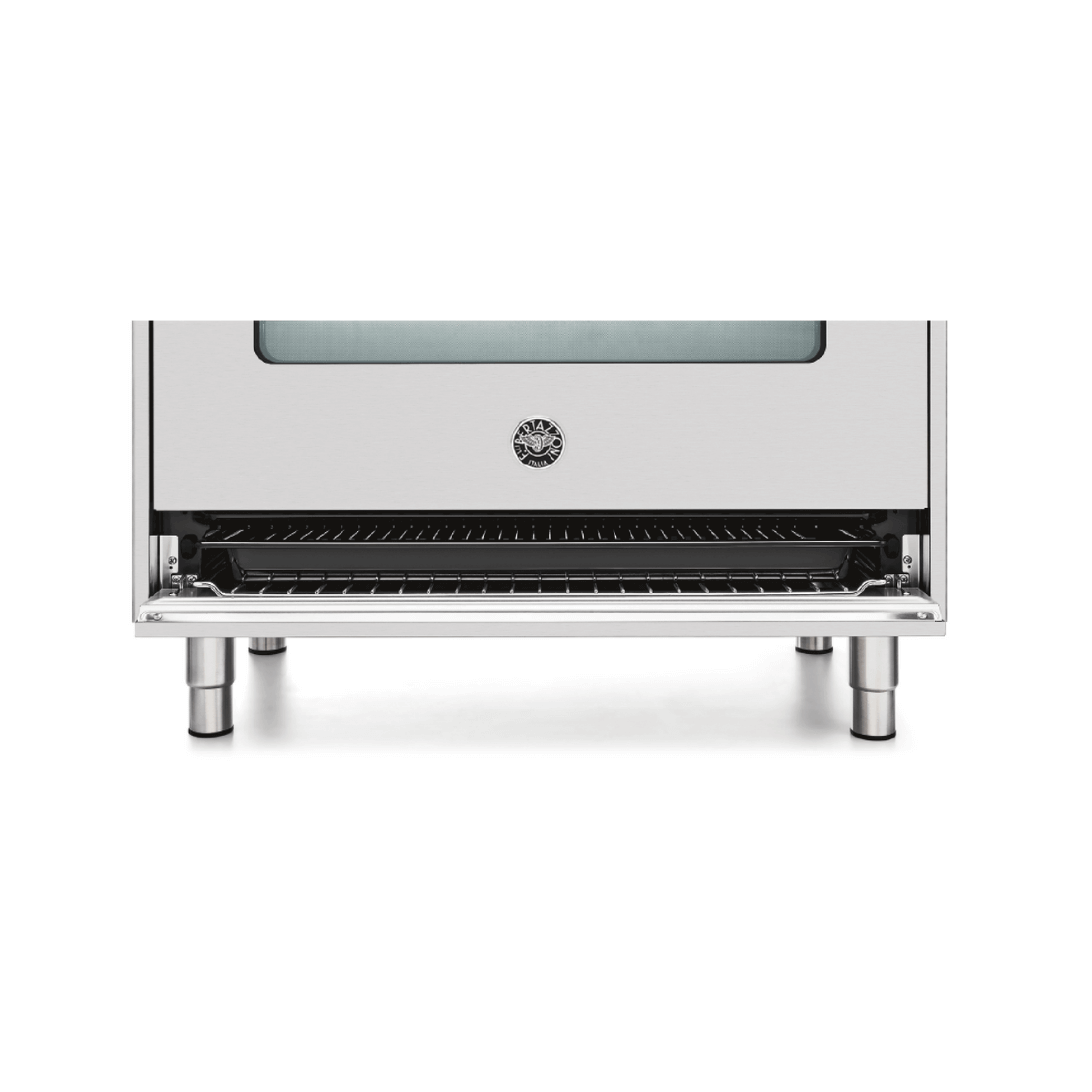 Fogão Bertazzoni Master Inox 60cm 4 Bocas Forno Elétrico 60 Litros - detalhe frontal de forno elétrico inox embutir com grelha e pés metálicos