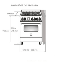 Fogão Bertazzoni Master Inox 70cm 5 Bocas Forno á Gás 60 Litros: fogão de piso inox 5 bocas com forno a gás frontal, botões e grelhas em ferro