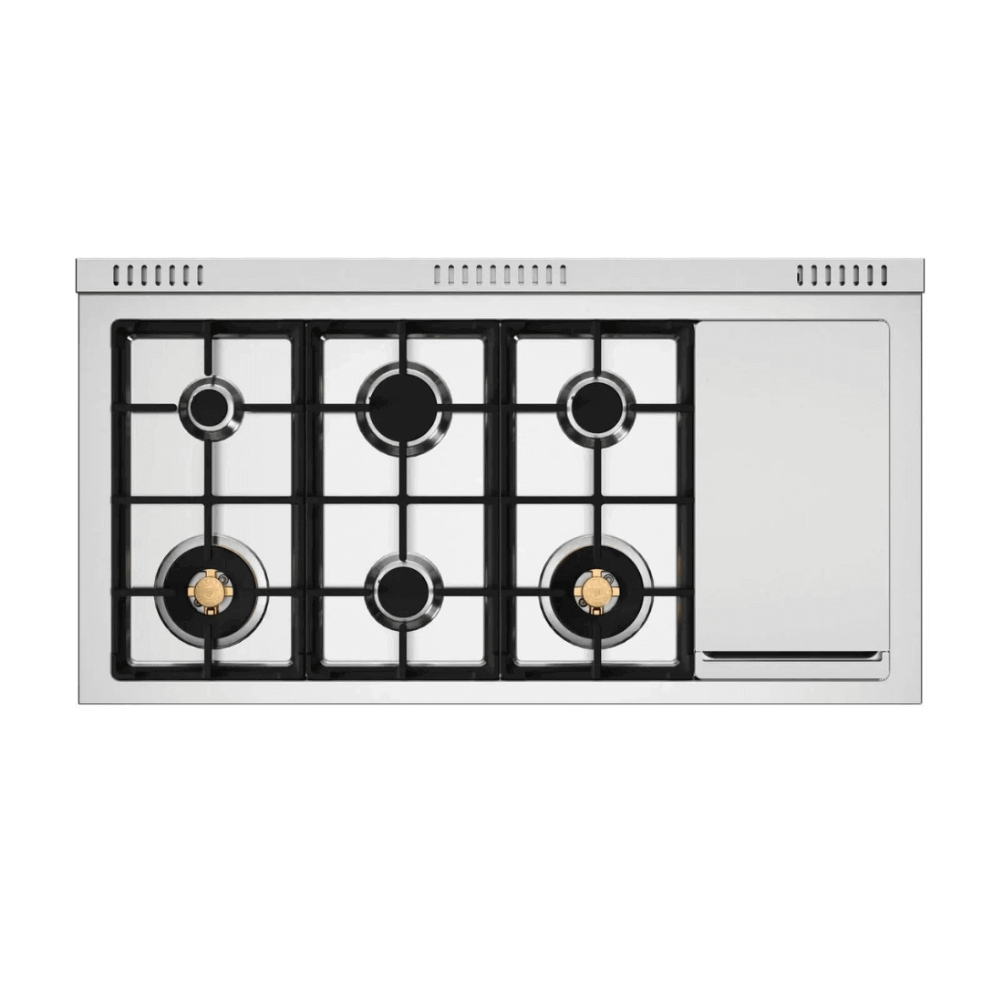 Fogão Bertazzoni Master Inox 122cm 6 Bocas Forno á Gás Duplo 201L: vista superior de fogão de embutir inox 6 bocas com trempes ferro, queimadores latão e painel minimal