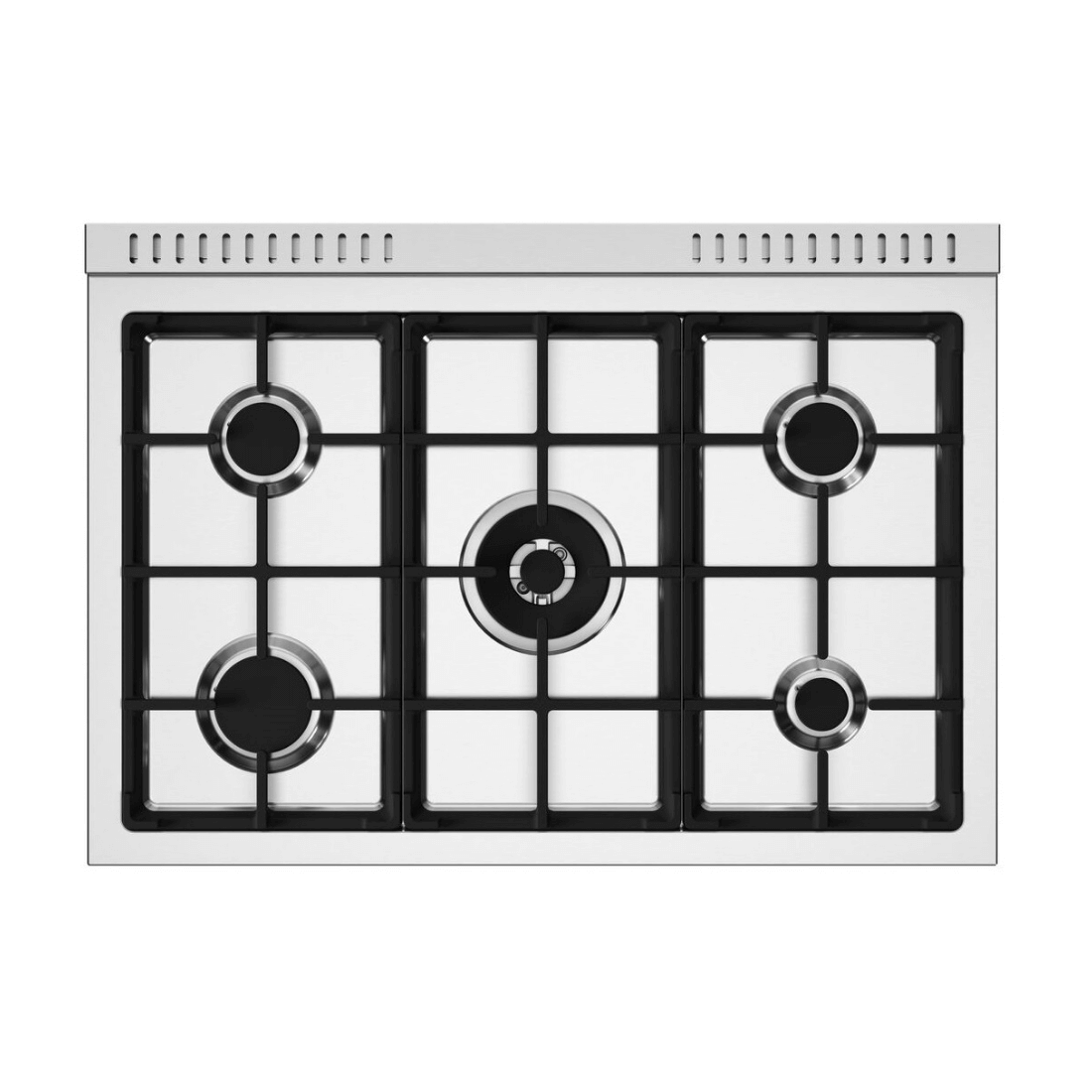 Fogão Bertazzoni Master Inox 90cm 5 Bocas Forno a Gás 169 Litros: fogão de embutir inox 5 bocas com queimador dual central, grelhas em ferro guza e design italiano