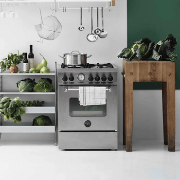 Fogão Bertazzoni Master Inox 60cm 4 Bocas Forno á Gás 60 Litros - fogão de piso inox escovado 4 bocas, forno a gás ventilado, grelhas em ferro fundido