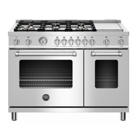 Fogão Bertazzoni Master Inox 122cm 6 Bocas Forno á Gás Duplo 201L - fogão de piso inox escovado 6 bocas, forno a gás duplo, grelhas ferro fundido