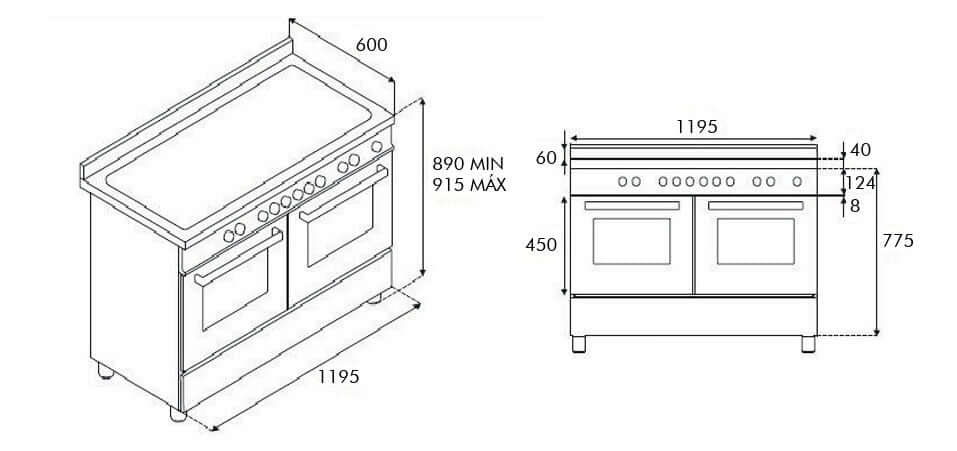 Fogão Bertazzoni Master Inox 120cm 6 Bocas Forno Elétrico Duplo 138L — desenho técnico de embutir/piso inox escovado, painel com botões e dois fornos